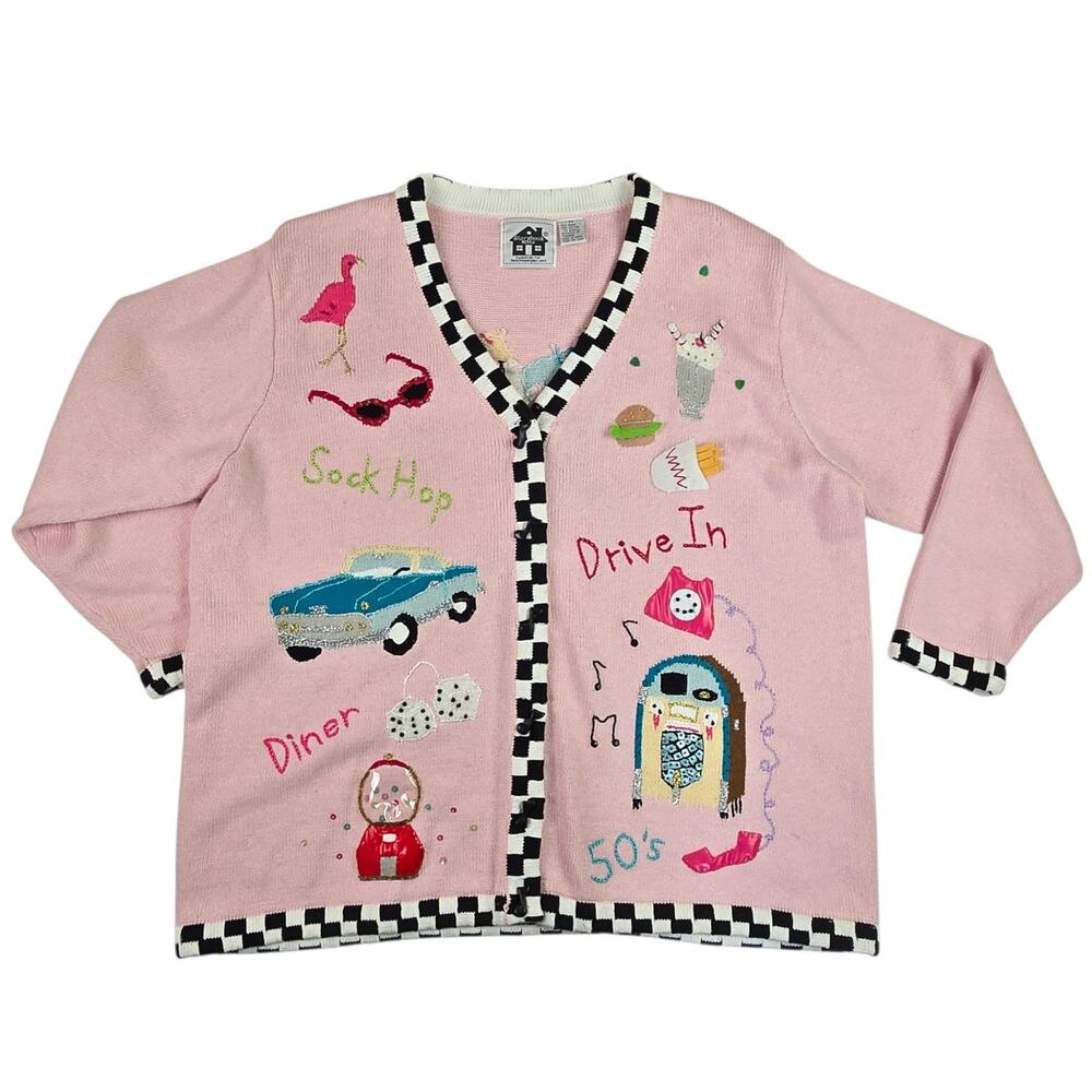 Vintage Storybook Knits 1950s Diner Sock Hop Cardigan Size 2X Pink Ladies
